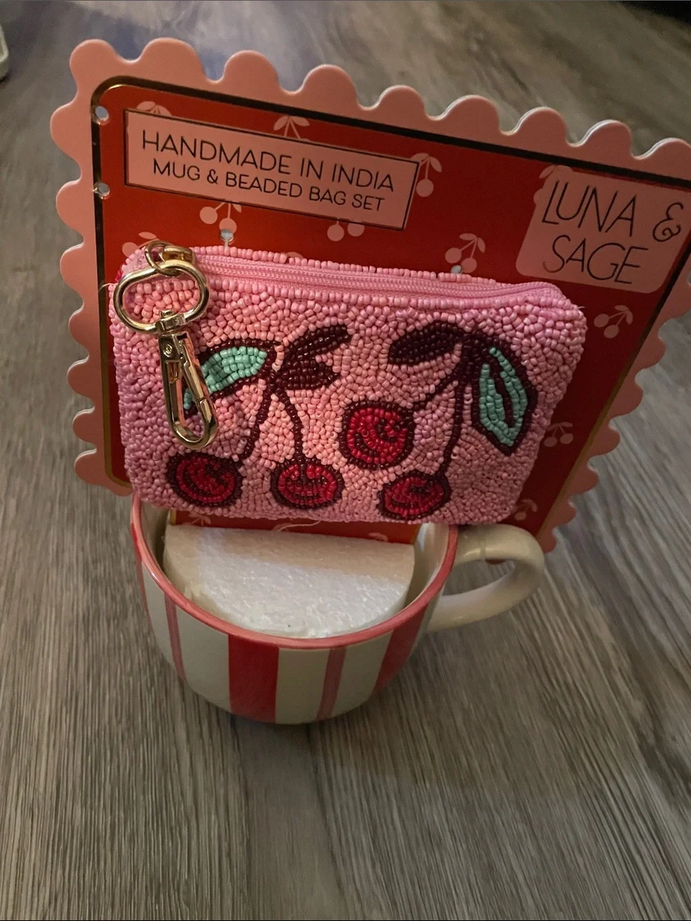 Luna & Sage Pink Beaded Cherry Key & Card Holder with Gold Clip